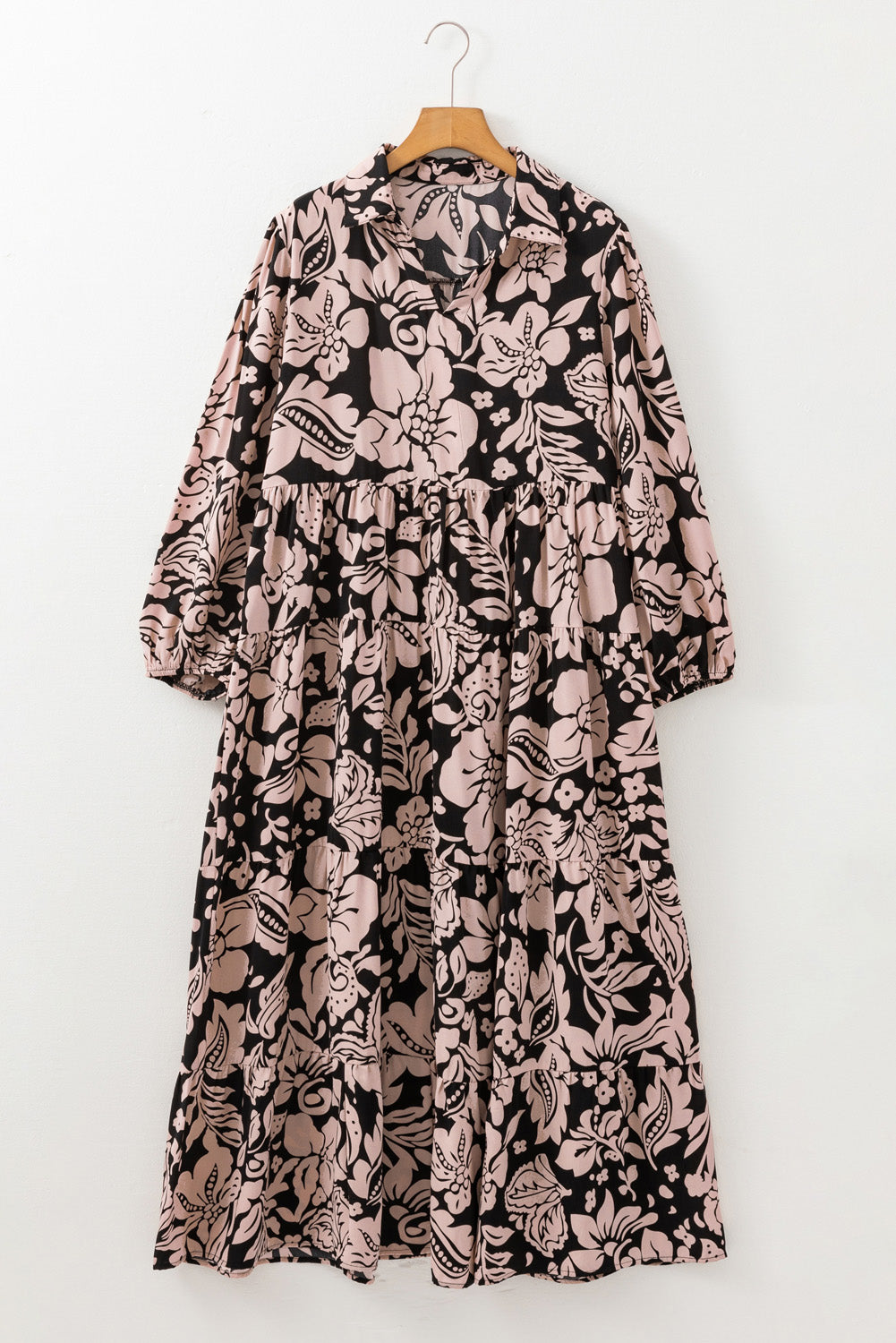 Black Plus Size Floral Printed Puff Sleeve Collared Maxi Dress Plus Size Maxi Dresses JT's Designer Fashion