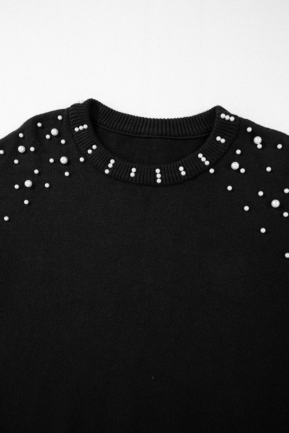 Black Pearled Drop Shoulder Round Neck Sweater Sweaters JT's Designer Fashion