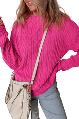 Rose Red Solid Cable Knit High Neck Drop Shoulder Sweater Sweaters JT's Designer Fashion