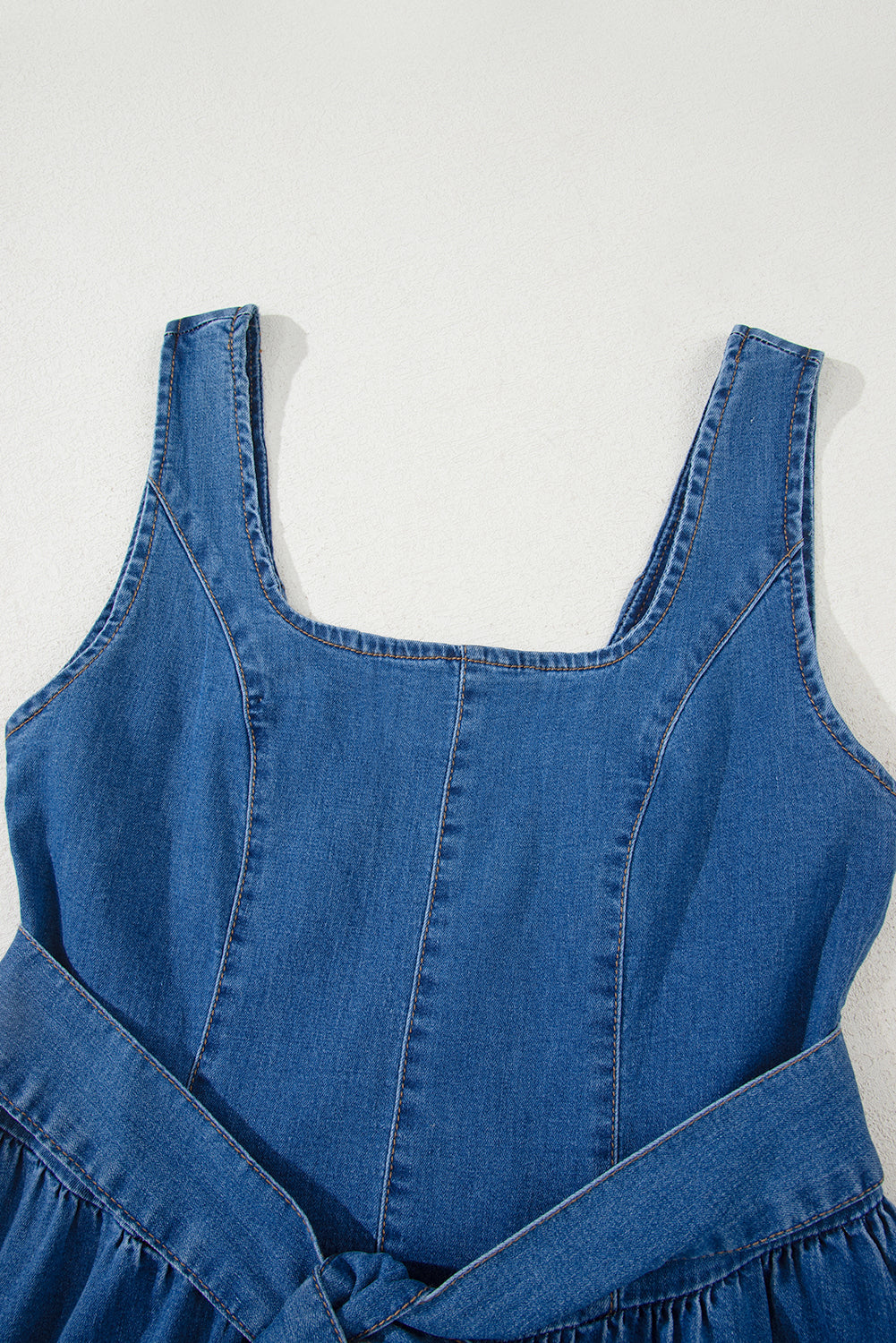 Sail Blue Square Neck Bowknot A-line Sleeveless Denim Dress JT's Designer Fashion