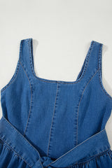 Sail Blue Square Neck Bowknot A-line Sleeveless Denim Dress JT's Designer Fashion