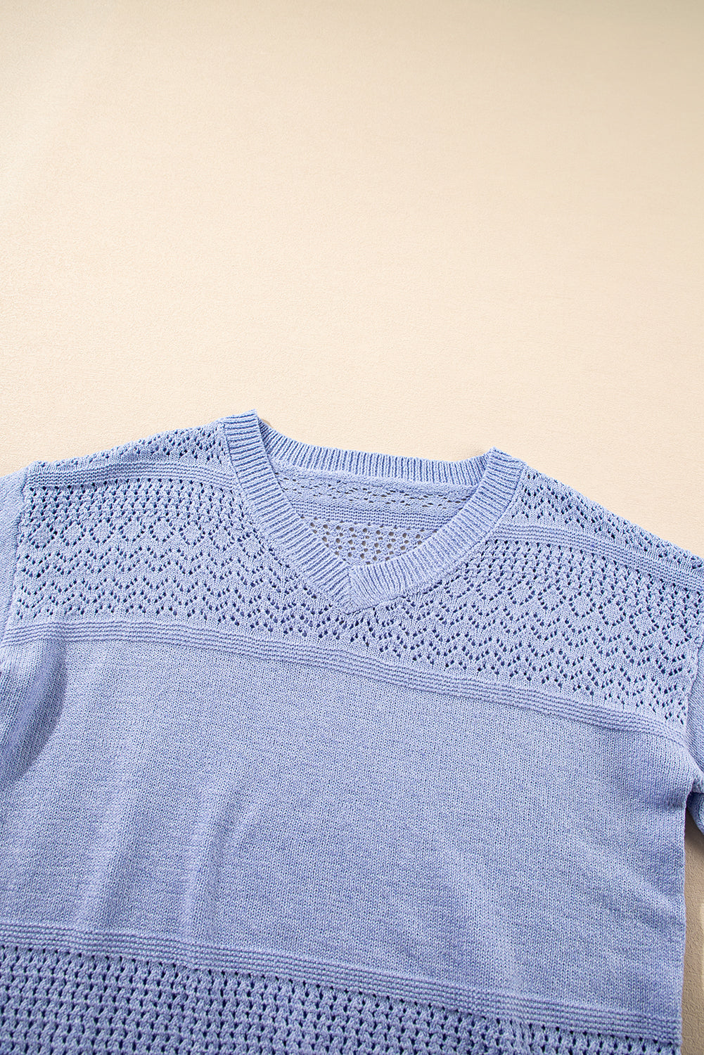 Sky Blue Eyelet Pattern Detail V Neck Drop Shoulder Sweater Sweaters JT's Designer Fashion