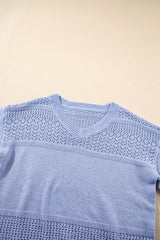 Sky Blue Eyelet Pattern Detail V Neck Drop Shoulder Sweater Sweaters JT's Designer Fashion