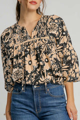 Black Floral Shirred Yoke Bracelet Sleeve Split Neck Boho Blouse Blouses & Shirts JT's Designer Fashion