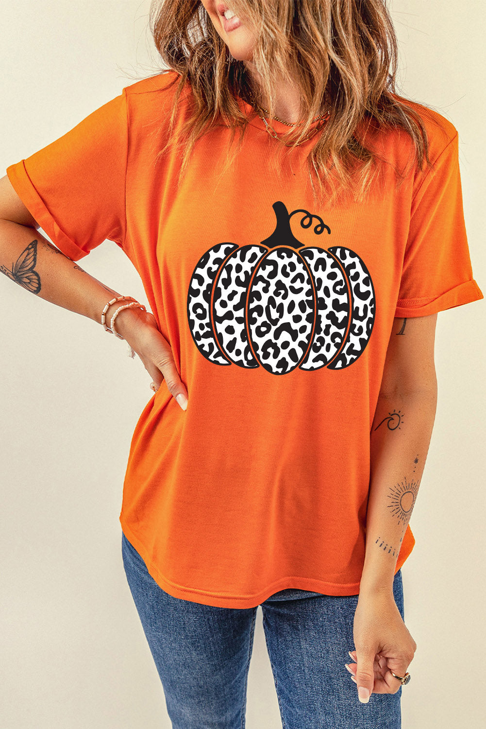 Orange Leopard Pumpkin Graphic Daily Fashion Tee Graphic Tees JT's Designer Fashion