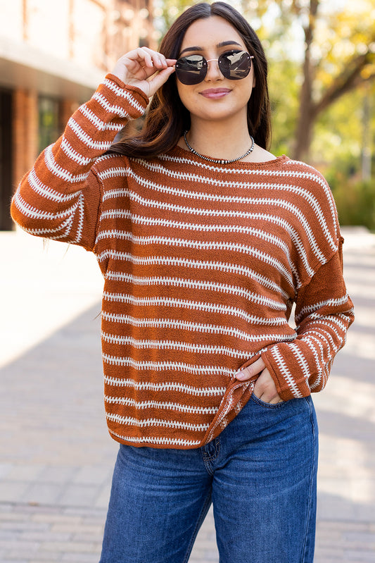 Brown Stripe Drop Shoulder Casual Sweater Brown Stripe 100%Acrylic Sweaters JT's Designer Fashion