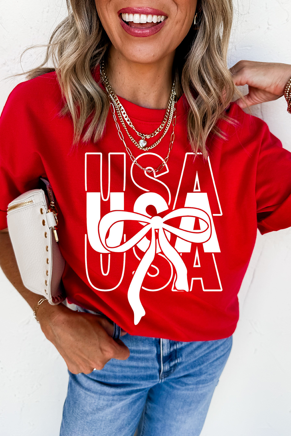 Red USA Bow Printed Casual Cotton Blend T Shirt Graphic Tees JT's Designer Fashion