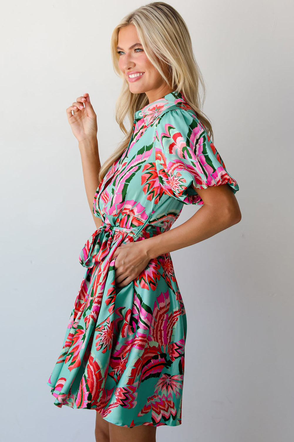 Green Abstract Print Lace-up High Waist Buttoned Mini Dress Mini Dresses JT's Designer Fashion