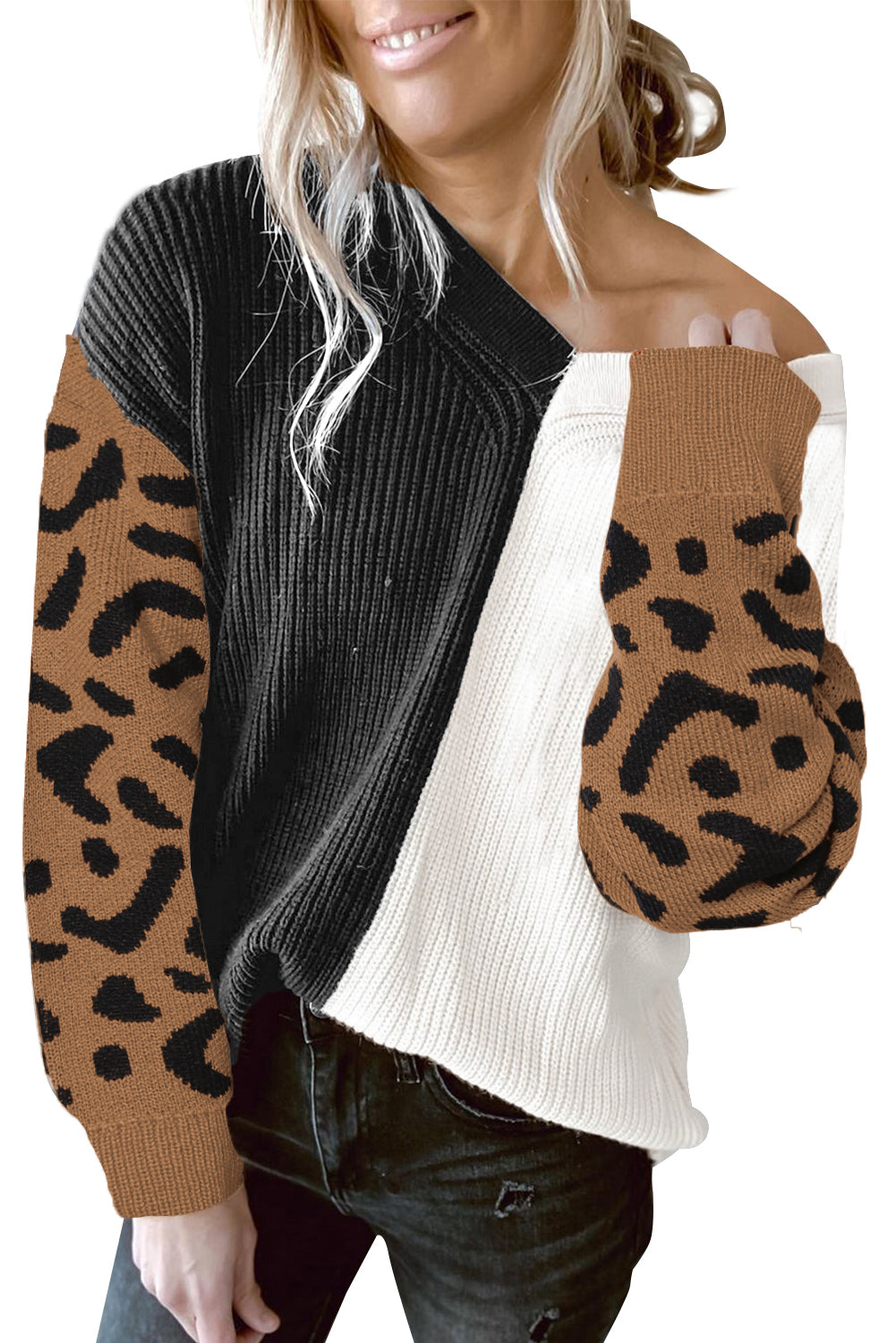Leopard Print Contrast Color V Neck Sweater Sweaters & Cardigans JT's Designer Fashion