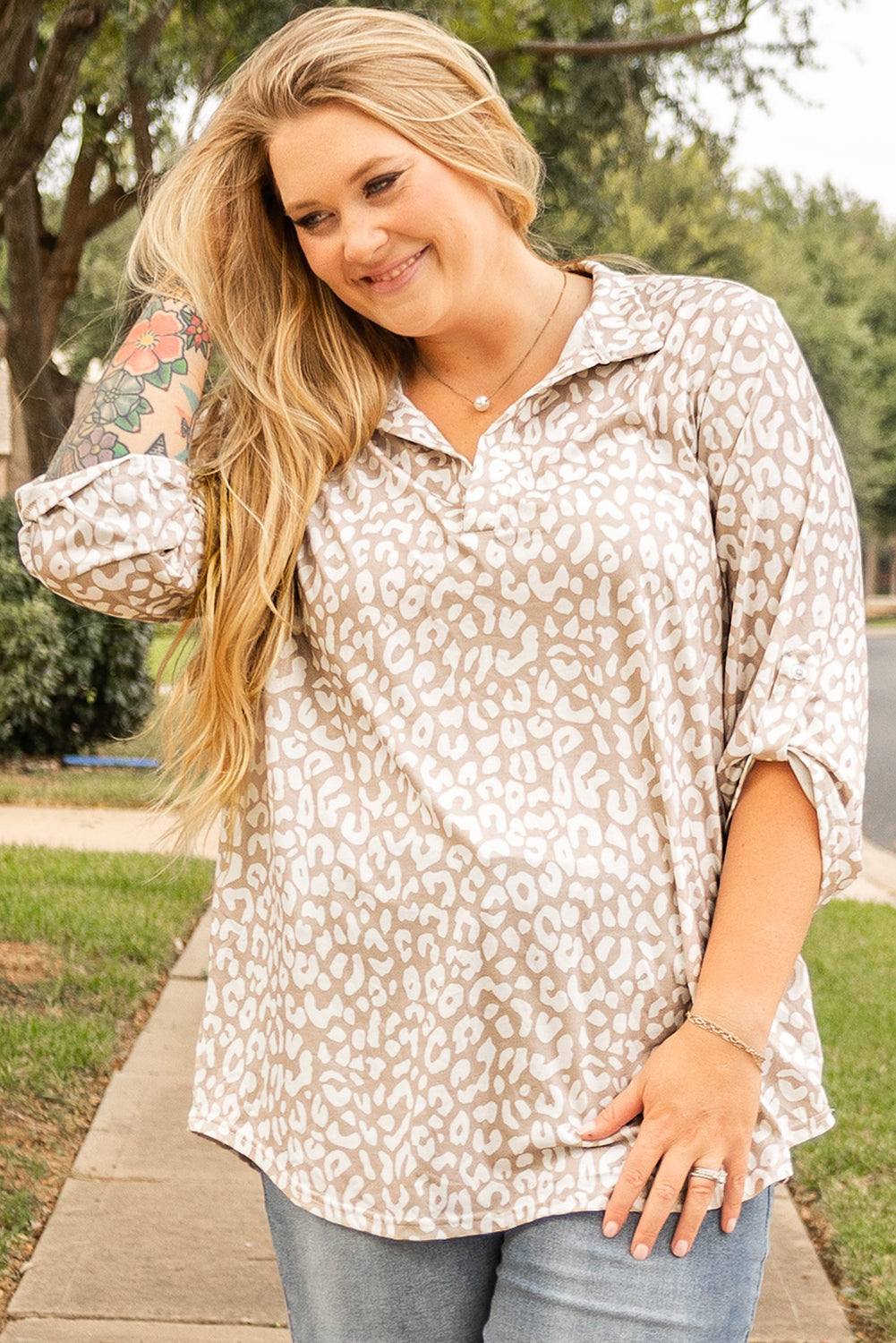 Apricot Leopard Tab Sleeve V Neck Plus Size Top Plus Size Blouses & Shirts JT's Designer Fashion