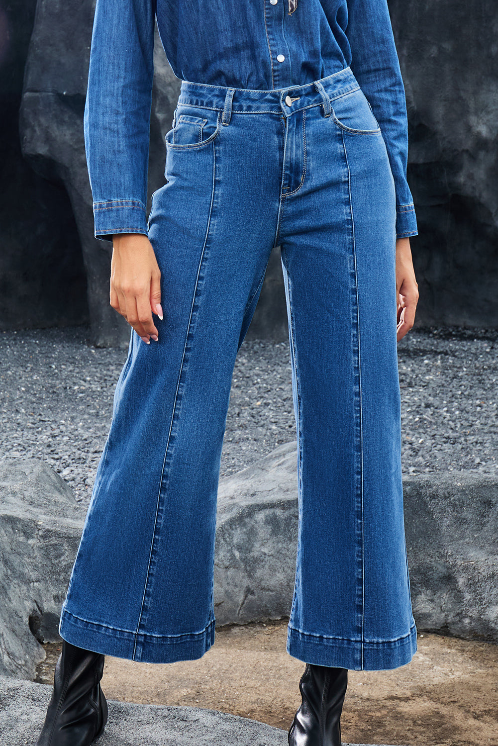 Dark Blue Plain Seam Detail Flared Bottom Ankle Length Jeans Jeans JT's Designer Fashion