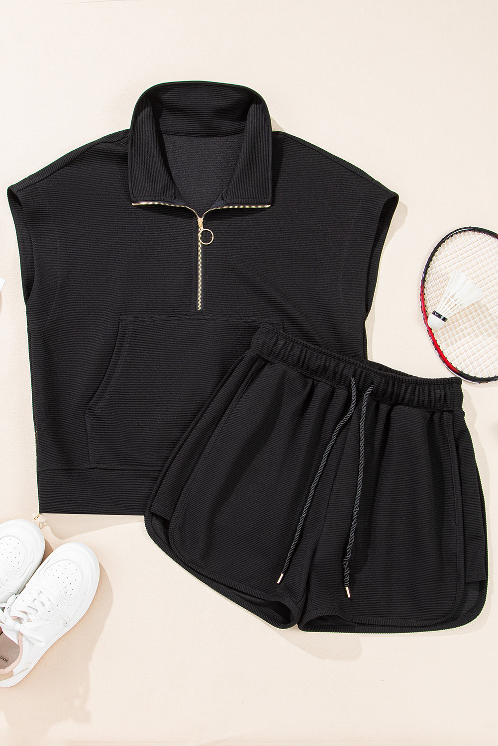 Black Textured Half Zip Kangaroo Pocket Top Drawstring Shorts Set Short Sets JT's Designer Fashion