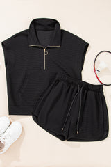 Black Textured Half Zip Kangaroo Pocket Top Drawstring Shorts Set Short Sets JT's Designer Fashion