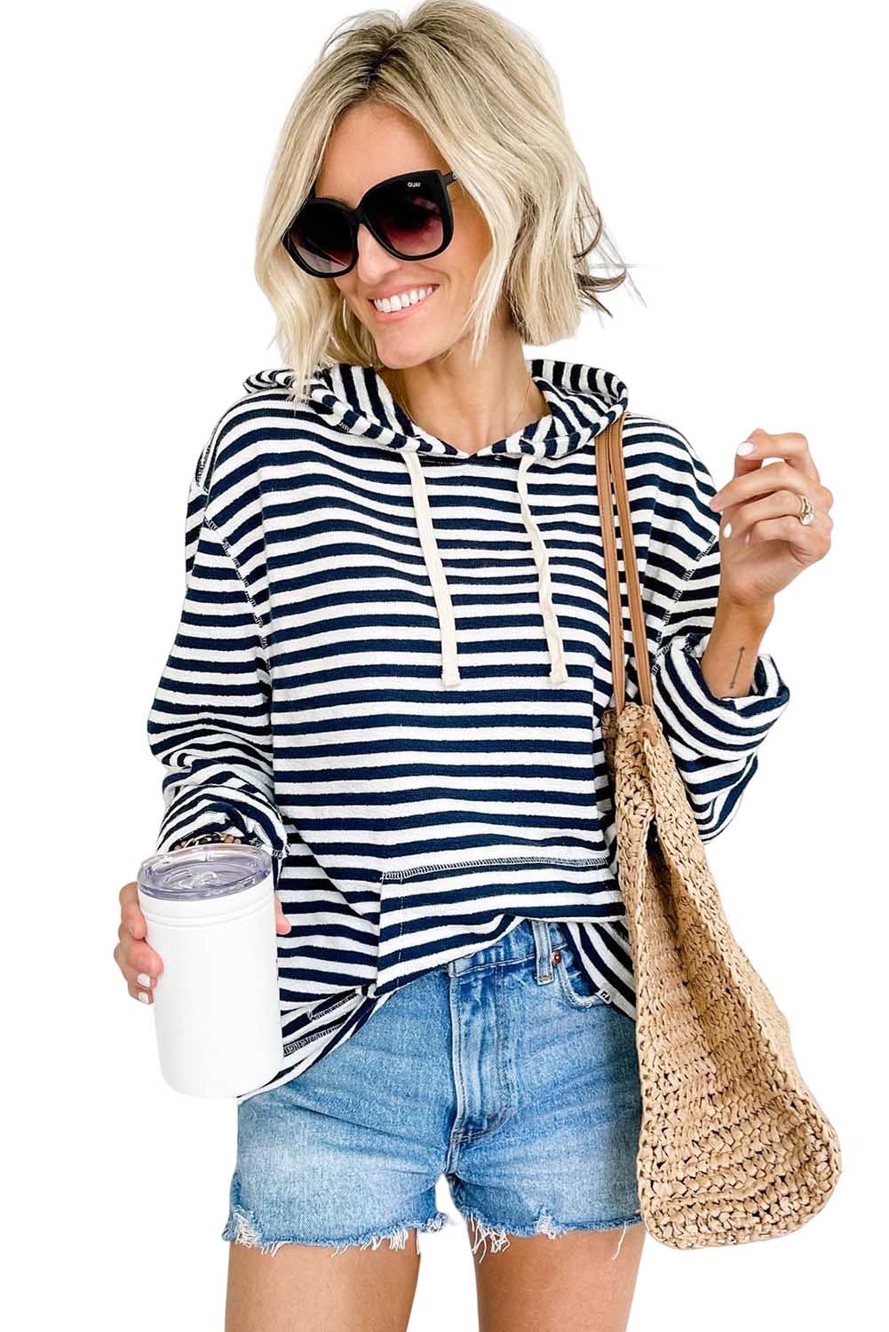 Stripe Kangaroo Pocket Drawstring Hoodie Sweatshirts & Hoodies JT's Designer Fashion
