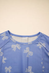 Sky Blue Bow Knot Print Crewneck Ruffled Sleeve Shift Mini Dress Dresses JT's Designer Fashion