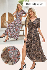 Brown Mesh Leopard Floral Reversible V Neck Short Sleeve Dress Dresses JT's Designer Fashion