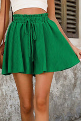 Dark Green Textured Frilled Lace-up High Waist Ruffle Wide Leg Shorts Casual Shorts JT's Designer Fashion