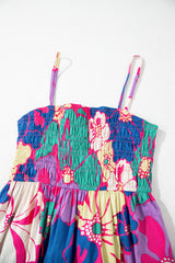 Purple Floral Print Shirred Spaghetti Strap Loose Long Dress Maxi Dresses JT's Designer Fashion