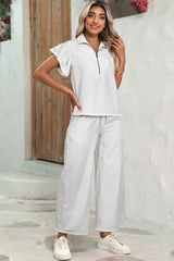 Gray Stripe Zipped up Collar Ruffled Sleeve Tee and Wide Leg Pants 2pcs Outfit Pant Sets JT's Designer Fashion