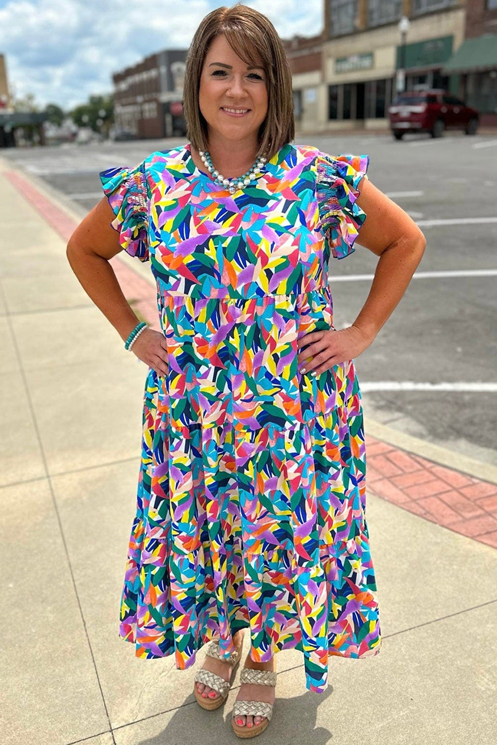 Blue Geometric Print Ruffled Short Sleeve Plus Size Tiered Maxi Dress Plus Size Maxi Dresses JT's Designer Fashion