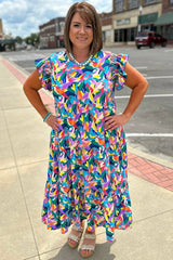 Blue Geometric Print Ruffled Short Sleeve Plus Size Tiered Maxi Dress Plus Size Maxi Dresses JT's Designer Fashion