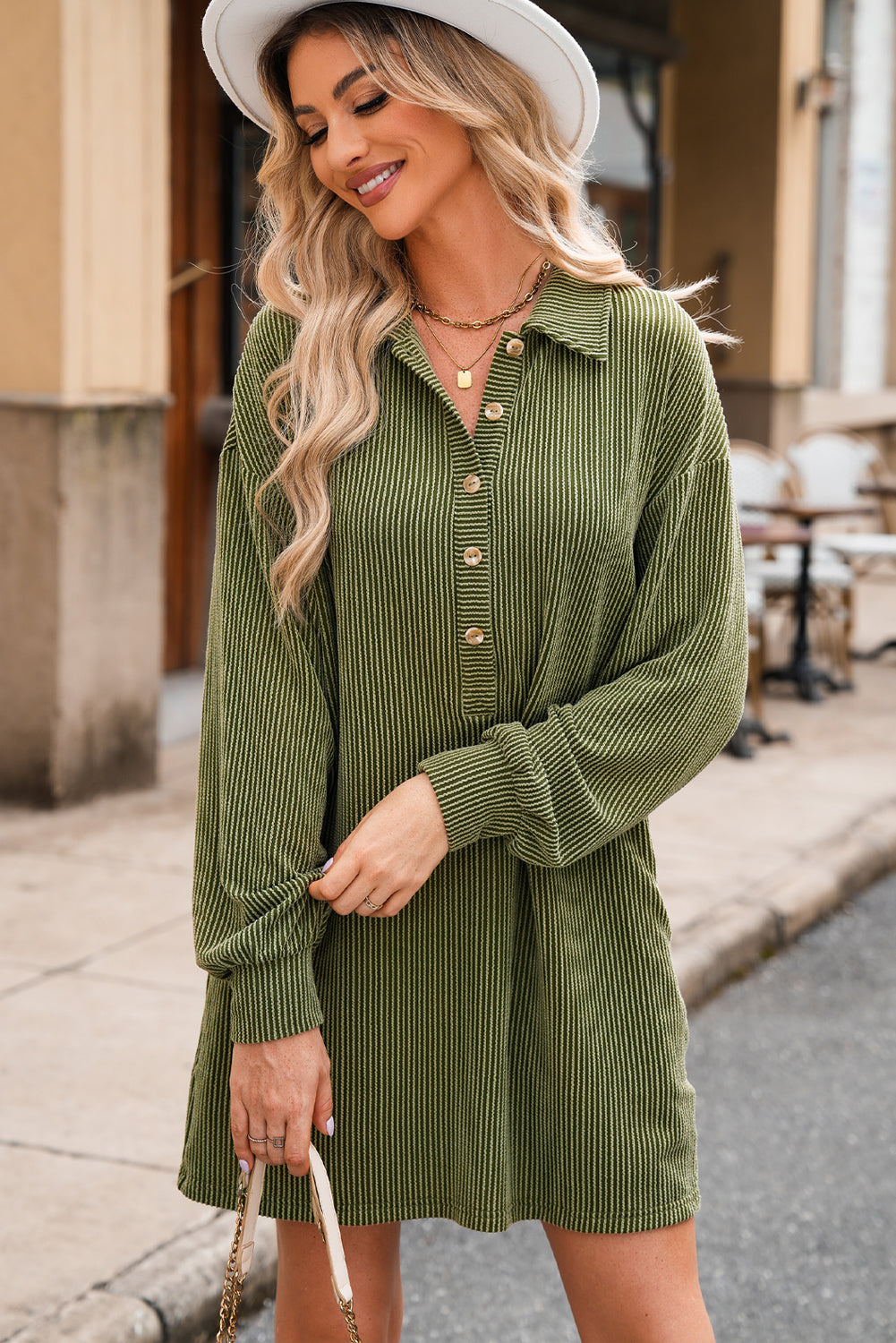 Moss Green Corded Buttons Placket Drop Shoulder Collared Shift Dress Mini Dresses JT's Designer Fashion