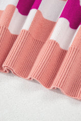 Pink Checkered Ribbed Edge O Neck Drop Shoulder Sweater Sweaters JT's Designer Fashion
