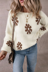 White Colorblock Floral Pattern Round Neck Sweater Sweaters JT's Designer Fashion
