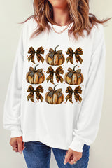 Beige Pumpkin Leopard Bow Knot Print Pullover Sweatshirt Graphic Sweatshirts JT's Designer Fashion
