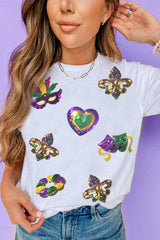 White Sequined Mardi Gras Symbolic Pattern Casual Tee Graphic Tees JT's Designer Fashion