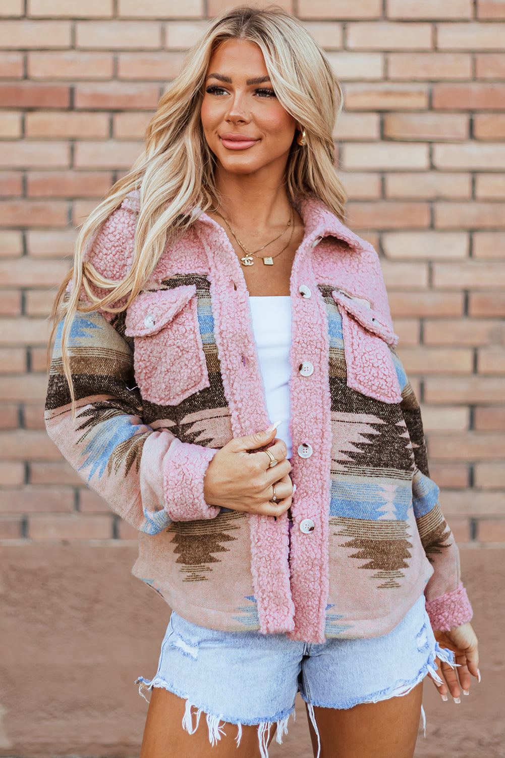 Pink Western Aztec Print Sherpa Splicing Buttoned Flap Pocket Coat Pink 100%Polyester Jackets JT's Designer Fashion