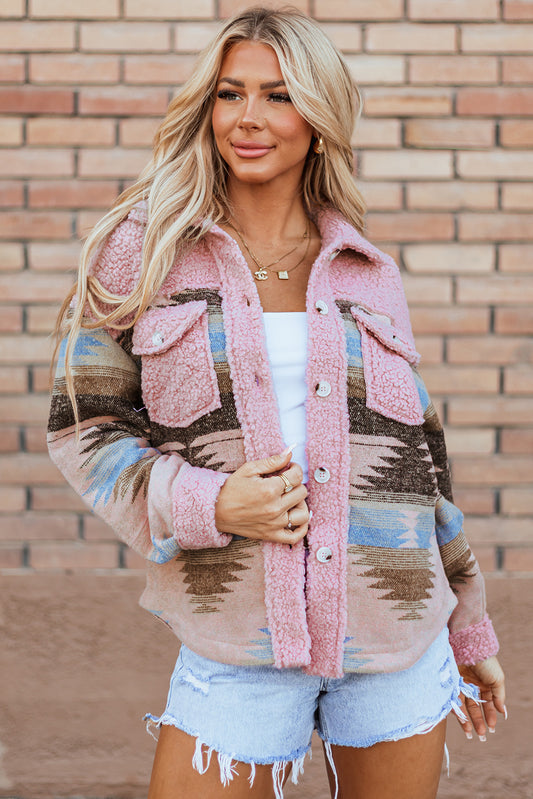 Pink Western Aztec Print Sherpa Splicing Buttoned Flap Pocket Coat Pink 100%Polyester Jackets JT's Designer Fashion