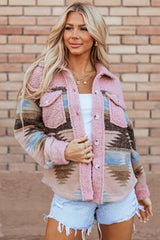 Pink Western Aztec Print Sherpa Splicing Buttoned Flap Pocket Coat Pink 100%Polyester Jackets JT's Designer Fashion