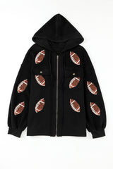 Black Sequined Rugby Football Pattern Pocketed Zipper Hooded Jacket Jackets JT's Designer Fashion