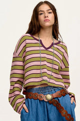 Spinach Green Clashing Stripes Waffle Texture Notched Neck Long Sleeve Top Long Sleeve Tops JT's Designer Fashion