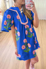 Blue Floral Short Sleeve Split Neck Loose Mini Dress Floral Dresses JT's Designer Fashion