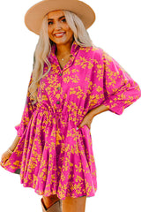 Pink Floral Print Drawstring Tunic Flowy Short Dress Floral Dresses JT's Designer Fashion