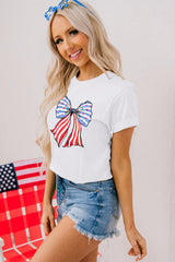 White Stripes and Stars Bowknot Print T Shirt Graphic Tees JT's Designer Fashion