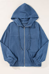 Real Teal Corduroy Drawstring Hooded Pocket Zip Up Jacket Jackets JT's Designer Fashion
