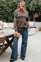 Light French Beige Western Geometric Patterned Crew Neck Knitted Sweater Sweaters JT's Designer Fashion