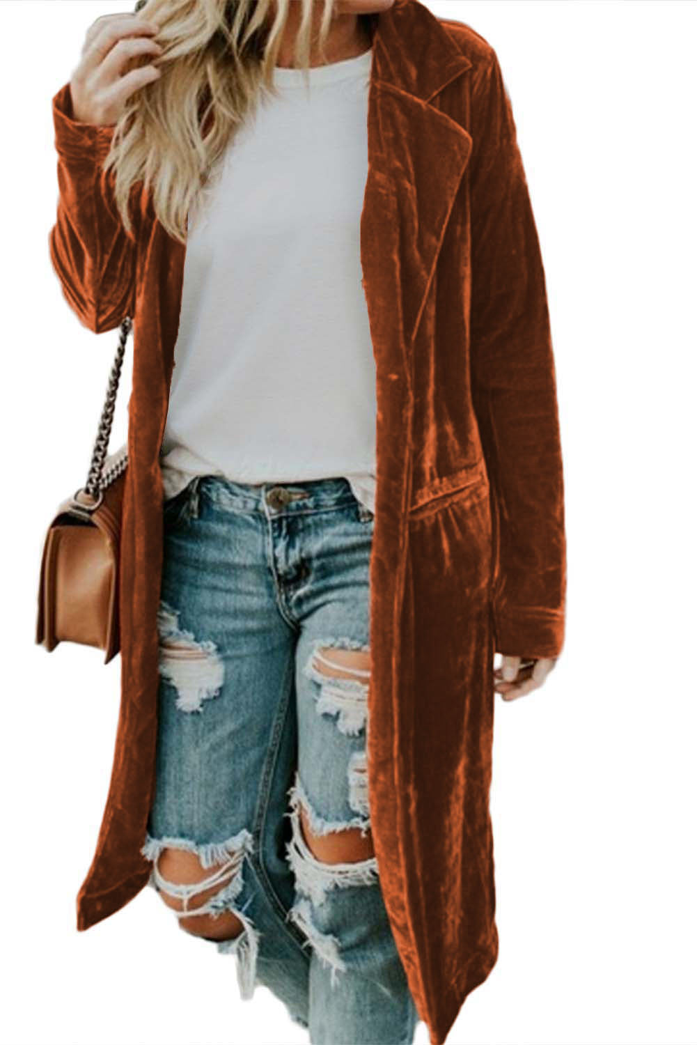 Brown Retro Velvet Long Sleeve Pocket Coat Coats JT's Designer Fashion