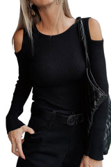 Black Ribbed Knit Cold Shoulder Sweater Sweaters JT's Designer Fashion