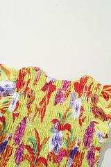 Yellow Cheetah Plant Print Shirred Button V Neck Long Dress Maxi Dresses JT's Designer Fashion