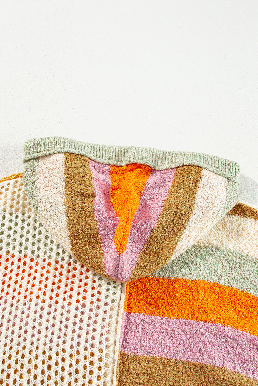 Beige Pointelle Knit Colorblock Patchwork V Neck Hooded Plus Sweater Plus Size Sweaters & Cardigans JT's Designer Fashion