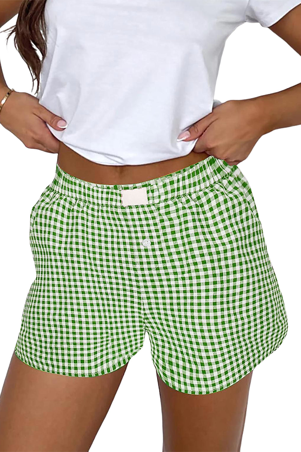 Fern Green Gingham Printed High Waist Shorts Casual Shorts JT's Designer Fashion