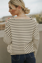 Black Striped Patchwork Loose Long Sleeve Tee Long Sleeve Tops JT's Designer Fashion
