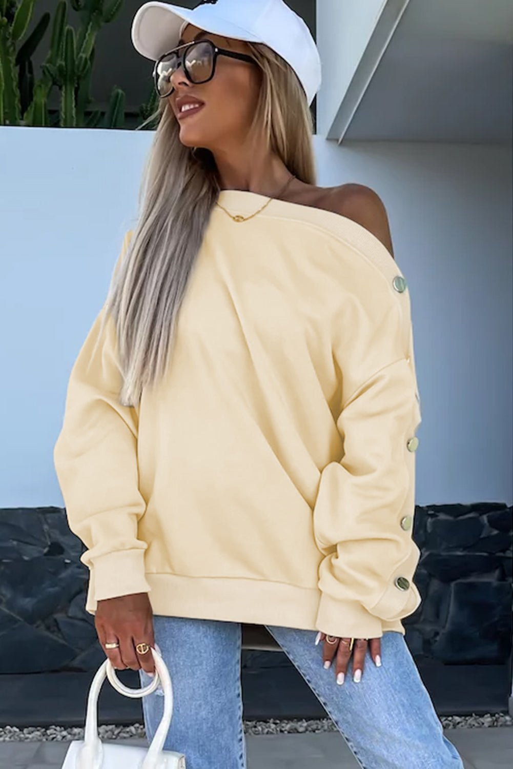 Beige Buttoned Sleeve Dropped Shoulder Sweatshirt Sweatshirts & Hoodies JT's Designer Fashion