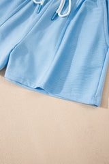 Myosotis V Neck Drop Shoulder Tee and Patchwork Drawstring Elastic Waistband Shorts Set Short Sets JT's Designer Fashion