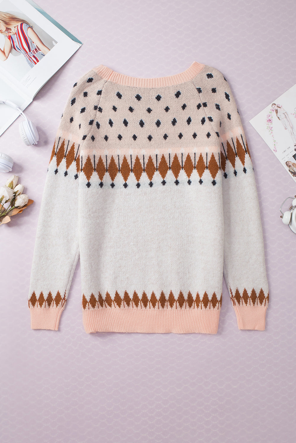 Multicolor Mixed Geometric Detail Raglan Sleeve Sweater Sweaters & Cardigans JT's Designer Fashion