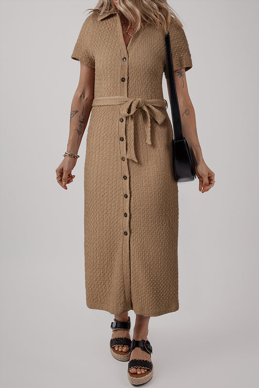 Buckskin Short Sleeve Textured Button Up Tie Waist Long Dress Maxi Dresses JT's Designer Fashion